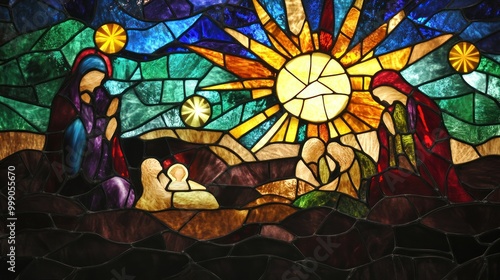 Stained Glass Depiction of the Nativity Scene with a Shining Sun