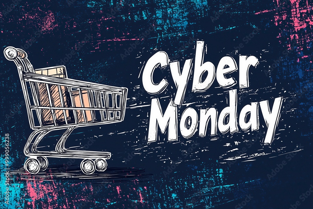 Fototapeta premium Shopping cart illustration promoting Cyber Monday sales event, Illustration Cyber Monday Banner, Text and Title of Cyber Monday, Cyber Monday promotional advertising