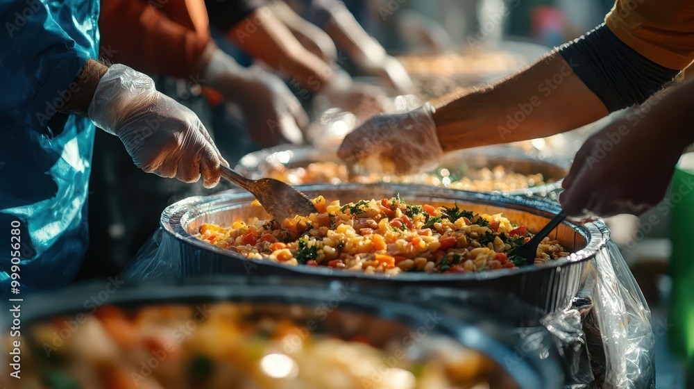 Volunteer work with a group of people building homes or distributing food, community-focused style, sharp focus, bright lighting Volunteer work with a group of people building homes or distributing food, community-focused style, sharp focus, bright lighting