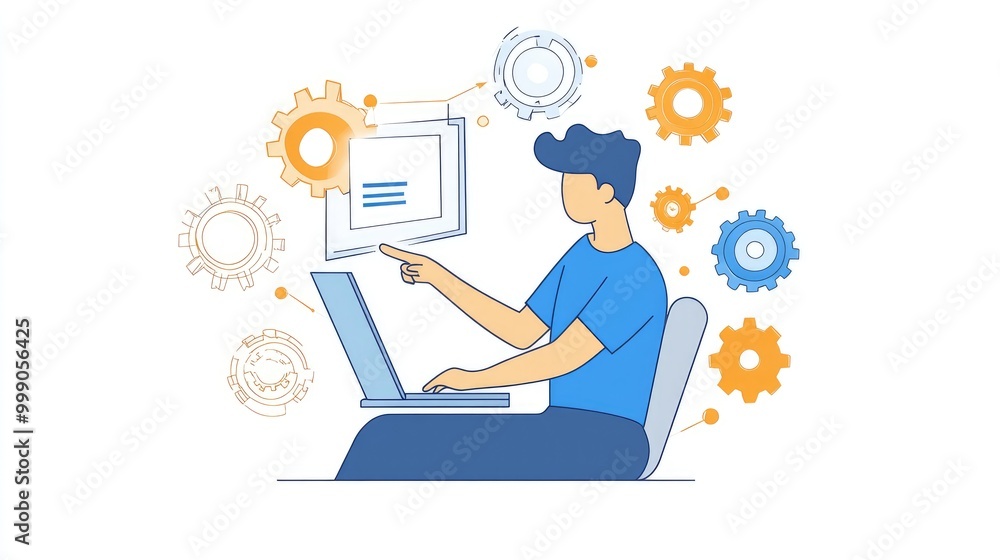 Man working on a laptop with cogwheels around him, representing the working process. Man working on a laptop with cogwheels around him, representing the working process.