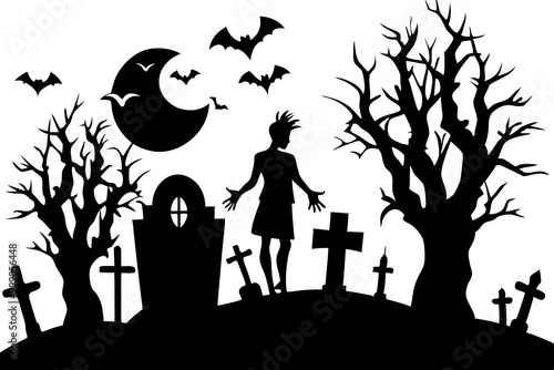 Creepy Halloween Graveyard Headstones Coffins Trees Fences Zombies silhouettes