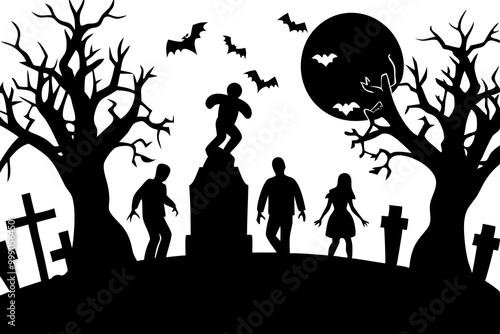 Creepy Halloween Graveyard Headstones Coffins Trees Fences Zombies silhouettes