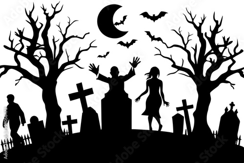 Creepy Halloween Graveyard Headstones Coffins Trees Fences Zombies silhouettes