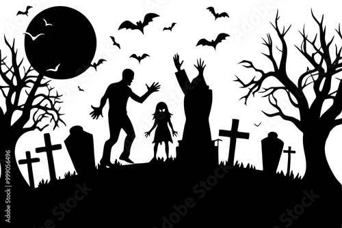 Creepy Halloween Graveyard Headstones Coffins Trees Fences Zombies silhouettes