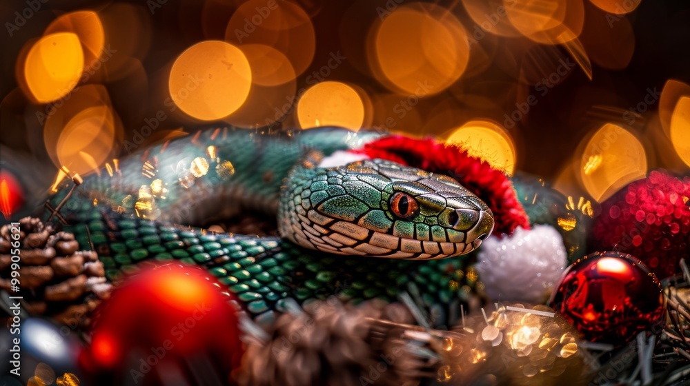 Fototapeta premium green wooden snake designed semirealistic style resting sparkling Christmas ornaments holiday decorations snake wears Santa ornaments reflect lights creating warm festive atmosphere