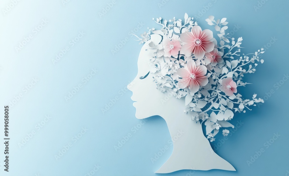 A white paper cutout of a woman's profile with pink flowers and white leaves forming a crown. A white paper cutout of a woman's profile with pink flowers and white leaves forming a crown.