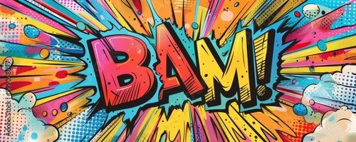 Fun pop art background with "BAM!" text. Explosion theme, Dynamic visuals, Bright vector