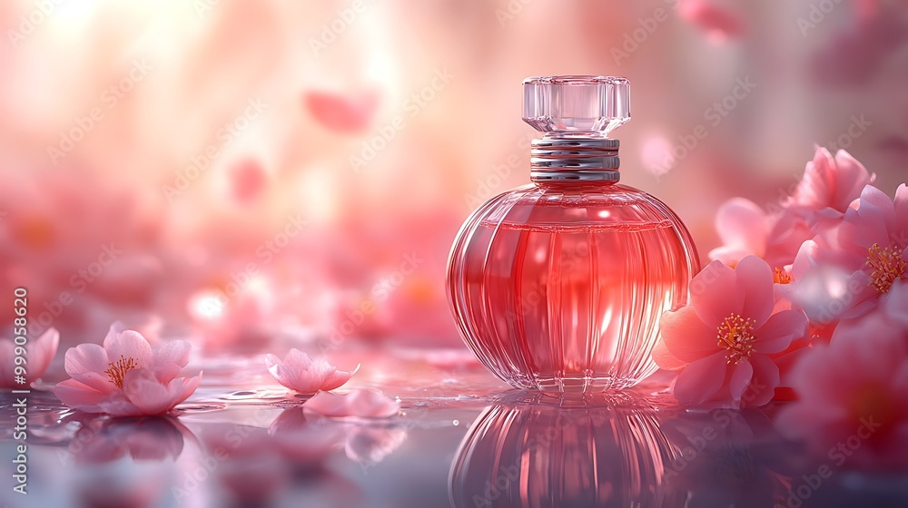 A glass bottle of perfume with pink liquid sits on a reflective surface surrounded by pink cherry blossoms with a blurred background of a sunset. A glass bottle of perfume with pink liquid sits on a reflective surface surrounded by pink cherry blossoms with a blurred background of a sunset.
