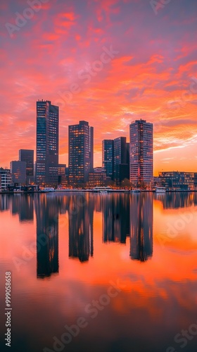 Rotterdam Skyline at Dusk with Stunning Reflections in Water.