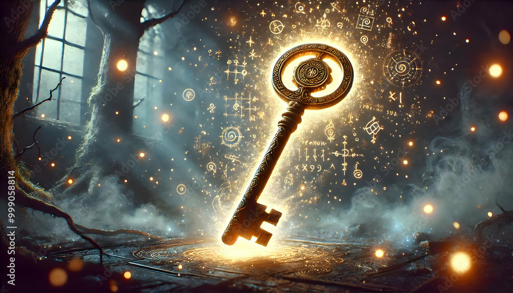 Magical Golden Key with Enchanting Symbols in a Mystical Forest Setting ...