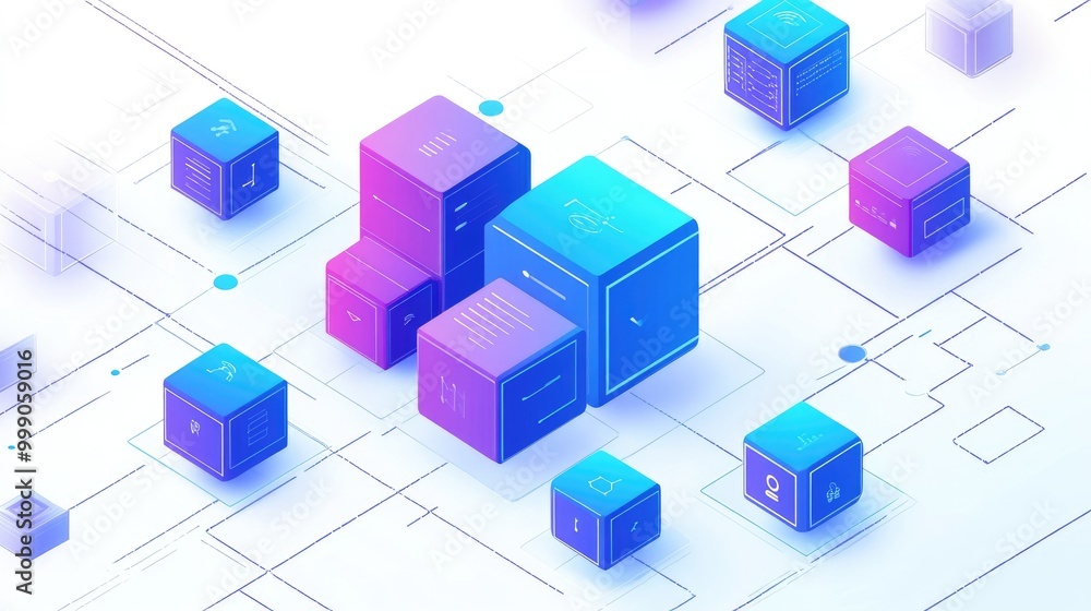 Isometric illustration of data blocks connected by lines representing data flow and networking. Isometric illustration of data blocks connected by lines representing data flow and networking.