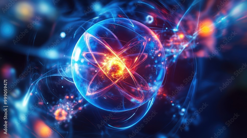 Abstract glowing atom with swirling energy and particles in a dark background. Abstract glowing atom with swirling energy and particles in a dark background.