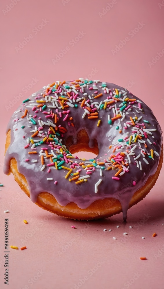 White frosted doughnut with sprinkles on pink White frosted doughnut with sprinkles on pink