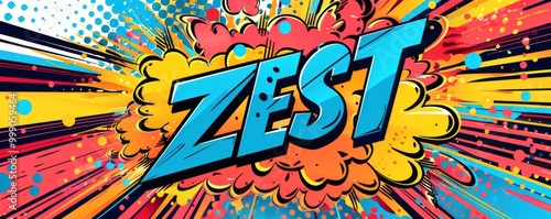 Exciting pop art background with "ZEST" inside. Energetic style, Comic visuals, Bold colors vector