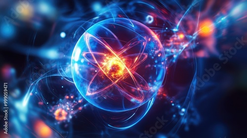 Abstract glowing atom with swirling energy and particles in a dark background.