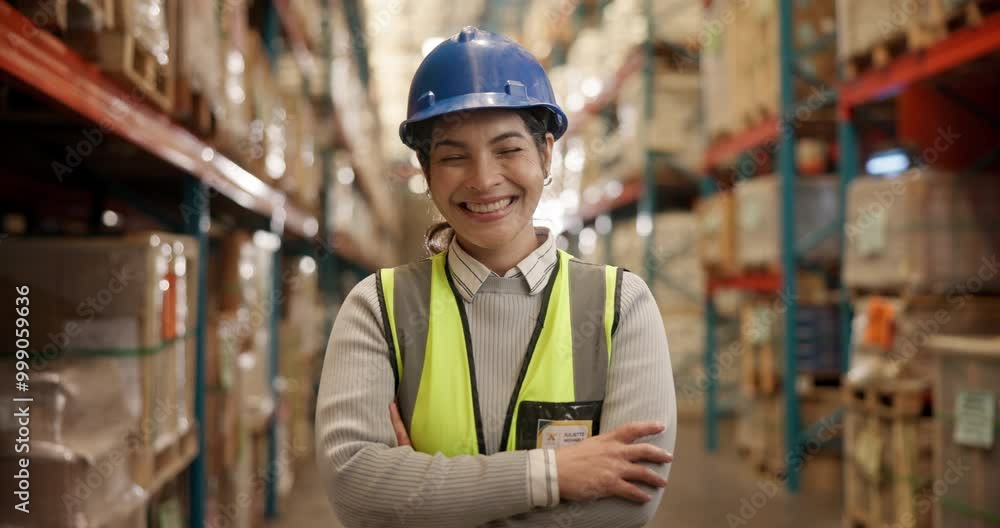 Smile, logistics and woman with crossed arms in warehouse with pride for career in cargo shipping. Happy, confident and portrait of Asian female industry worker in supply chain storage for delivery. Smile, logistics and woman with crossed arms in warehouse with pride for career in cargo shipping. Happy, confident and portrait of Asian female industry worker in supply chain storage for delivery.
