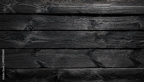 Burnt black wood texture. Charred charcoal. A wall made of damaged, scorched boards. Grunge template for design. old wood texture