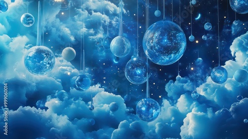 Blue Spheres Hanging in a Starry Sky with Clouds