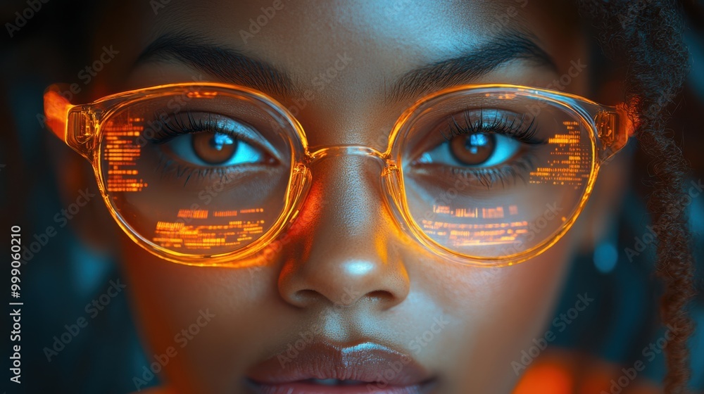 Close-up of woman wearing glowing orange digital glasses, reflecting data patterns, symbolizing innovation in technology, artificial intelligence, and futuristic design. Close-up of woman wearing glowing orange digital glasses, reflecting data patterns, symbolizing innovation in technology, artificial intelligence, and futuristic design.