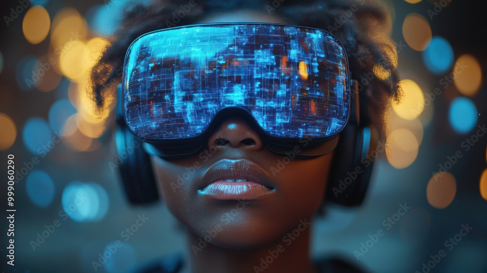 Front view of a young man wearing a high-tech VR headset with glowing digital interface, immersed in virtual reality. Futuristic gaming concept with technology-focused bokeh background. Front view of a young man wearing a high-tech VR headset with glowing digital interface, immersed in virtual reality. Futuristic gaming concept with technology-focused bokeh background.