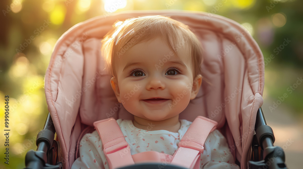 Happy baby girl in a pink stroller enjoying a sunny day outdoors, smiling cheerfully. Joyful infant in a soft, comfortable stroller with sunlight behind Happy baby girl in a pink stroller enjoying a sunny day outdoors, smiling cheerfully. Joyful infant in a soft, comfortable stroller with sunlight behind