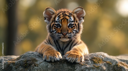 Tiger cub resting on a rock, staring intensely into the camera with soft golden light behind. Wildlife portrait of a young tiger in its natural habitat