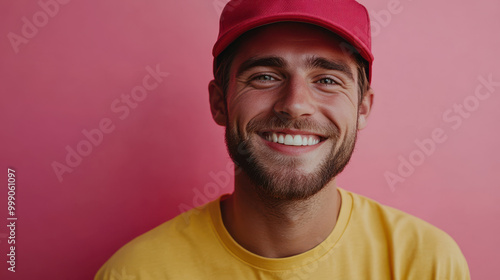 Smiling young man with a red cap and yellow shirt against a vibrant pink background, symbolizing happiness, positivity, and casual style in a cheerful portrait photo