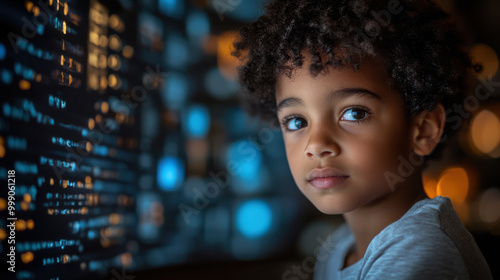 Curious young boy looking at digital code in a futuristic setting, symbolizing technology, future generations, coding, programming, education, tech learning, artificial intelligence photo