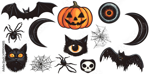 Halloween stickers set of cute pumpkin, web, black cat, spider, skull, crescent, half moon and bats elements. Clipart illustration collection isolated on transparent background. PNG, cutout.