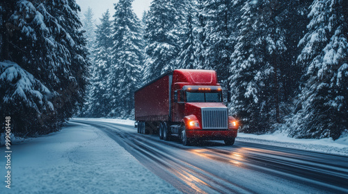 Red truck navigating snowy forest road during winter evening, symbolizing cold weather logistics and freight transportation through icy, remote conditions