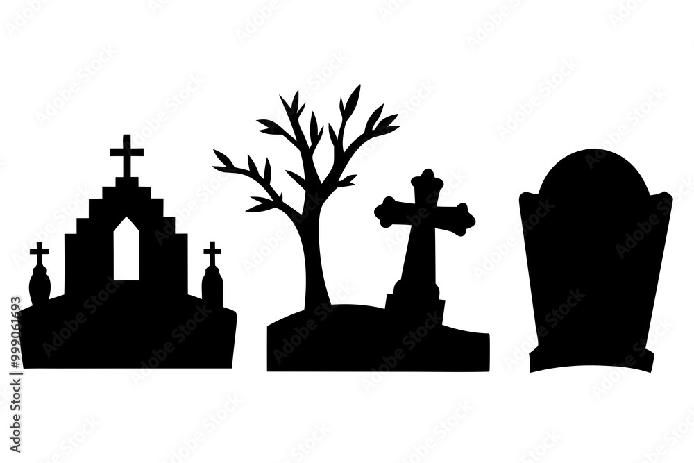 Gravestone and tombstone silhouettes set, Halloween grave set background, Grave set silhouettes isolated on white background Gravestone and tombstone silhouettes set, Halloween grave set background, Grave set silhouettes isolated on white background