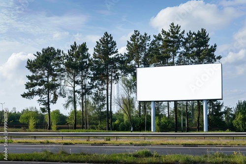 Billboard with white display, parkway setting, clean and modern, high visibility, advertising, simple design