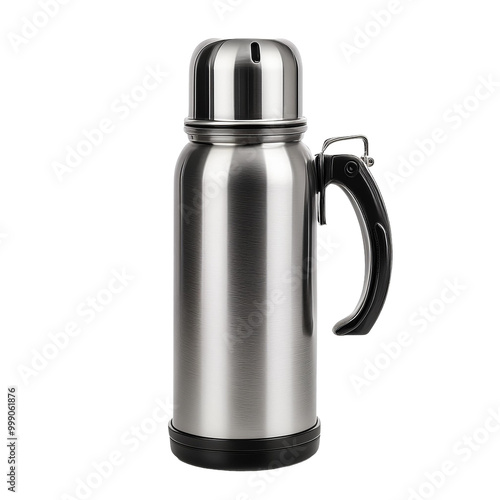 Stainless steel thermos with black handle