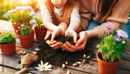 Mother and her child planting seeds together in their backyard garden, hands dirty with soil, excited to watch the flowers grow , woman and kid Spring Garden Planting concept image