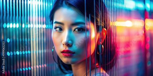 Digital woman face for AI technology concept. Glitched and corrupted female face. Beautiful girl. Model hidden behind mirror pattern. Neon Reeded Glass. Ribbed Background.
