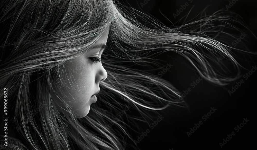 A little girl is hiding her face behind long hair, in a black and white... A little girl is hiding her face behind long hair, in a black and white...