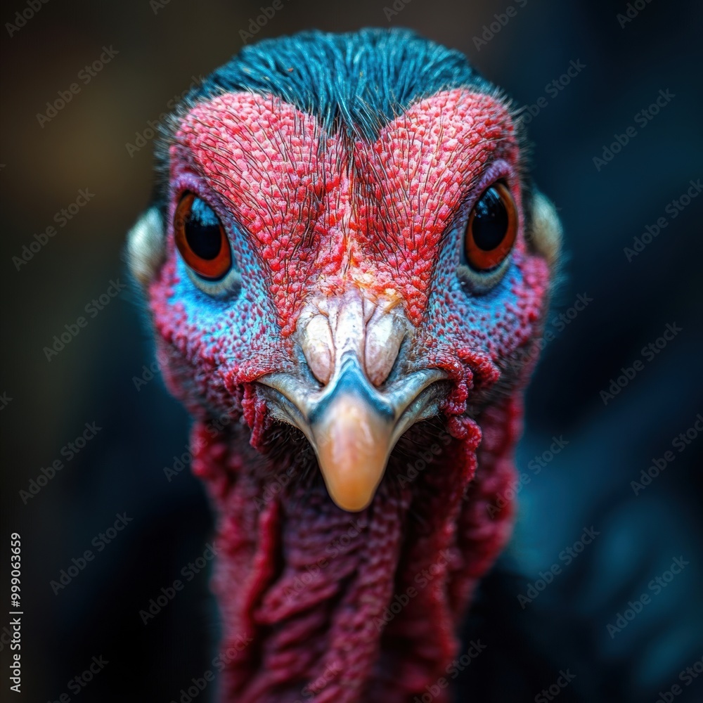 A detailed close up of a turkeys face intently looking at the camera A detailed close up of a turkeys face intently looking at the camera