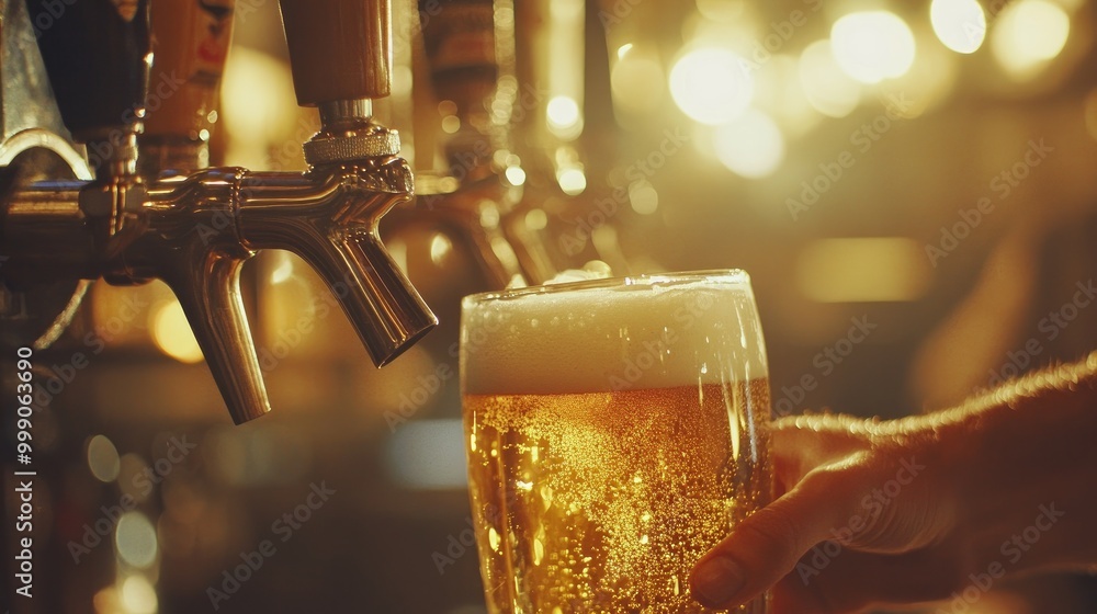 A bartender at a restaurant or pub pouring a draught lager beer from a beer tap. soft vintage effect on the picture