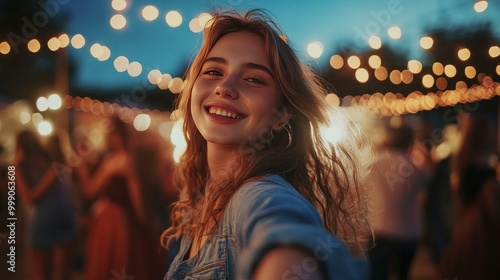 A young, Caucasian woman is having a great time dancing during a concert at an outdoor venue during the night.