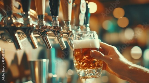 A bartender at a restaurant or pub pouring a draught lager beer from a beer tap. soft vintage effect on the picture