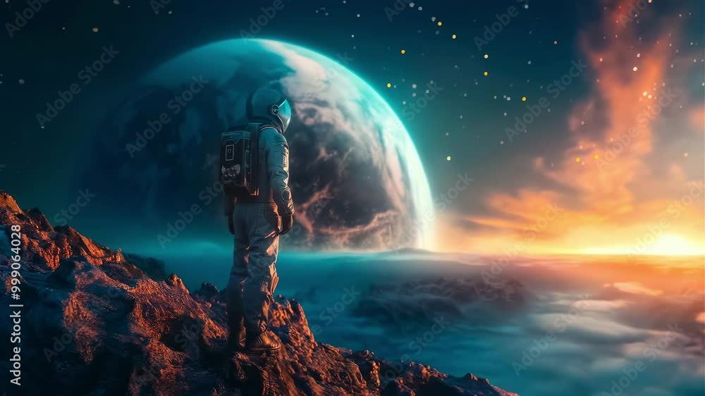 An astronaut stands on a mountain overlooking a vast alien landscape. The sky is filled with stars. Solitary astronaut stands against lunar landscape, gazing at large planet rising above horizon. An astronaut stands on a mountain overlooking a vast alien landscape. The sky is filled with stars. Solitary astronaut stands against lunar landscape, gazing at large planet rising above horizon.