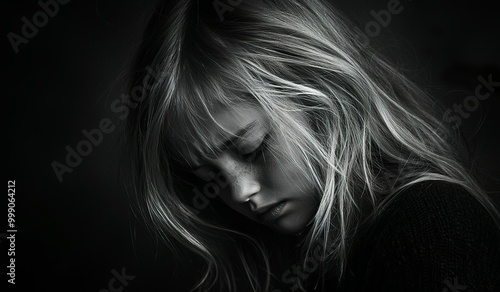 A young girl with her head down, she appears sad and is crying. She has long,... photo