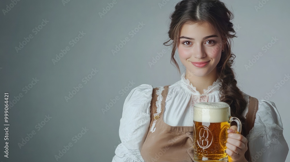 Gorgeous woman in a traditional German costume holding a beer mug and smiling on a grey background with text space Gorgeous woman in a traditional German costume holding a beer mug and smiling on a grey background with text space