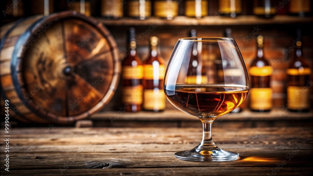 Elegant brandy snifter filled with amber liquid on a rustic wooden table with bottles in the background Elegant brandy snifter filled with amber liquid on a rustic wooden table with bottles in the background