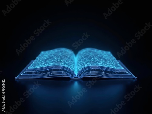 Polygonal blue hologram of open book on dark background.