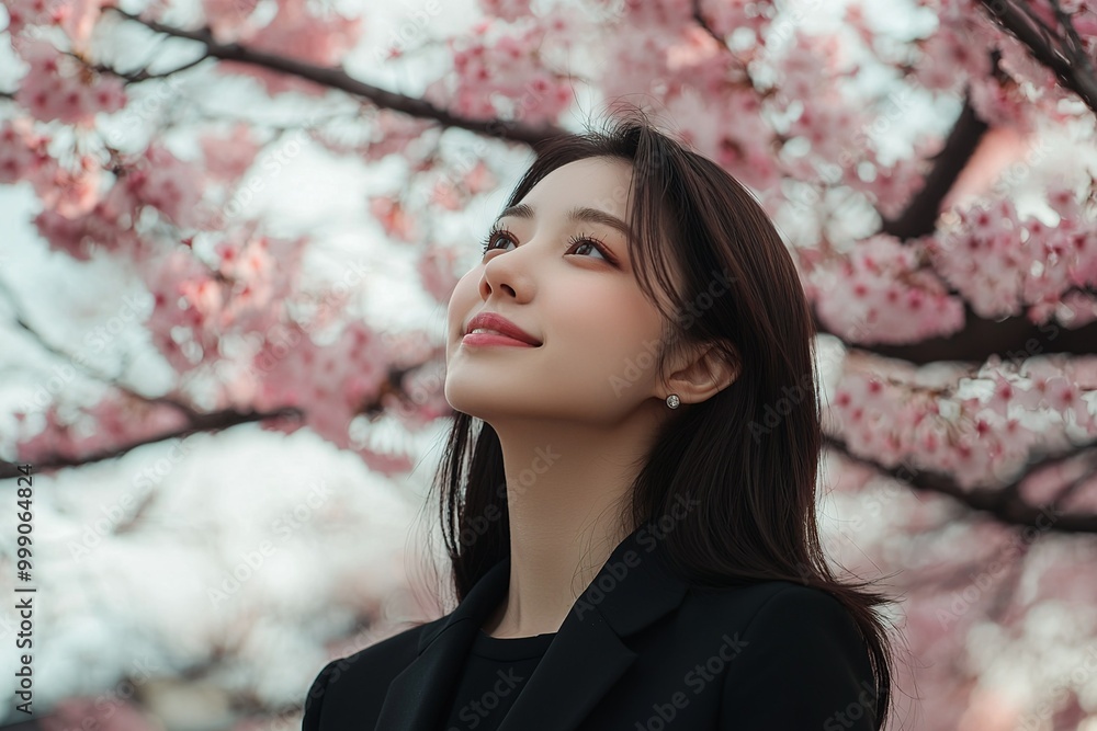 Portrait of a beautiful Japanese woman in a black suit, with cherry blossoms... Portrait of a beautiful Japanese woman in a black suit, with cherry blossoms...
