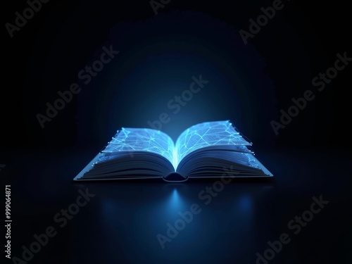 Polygonal blue hologram of open book on dark background.
