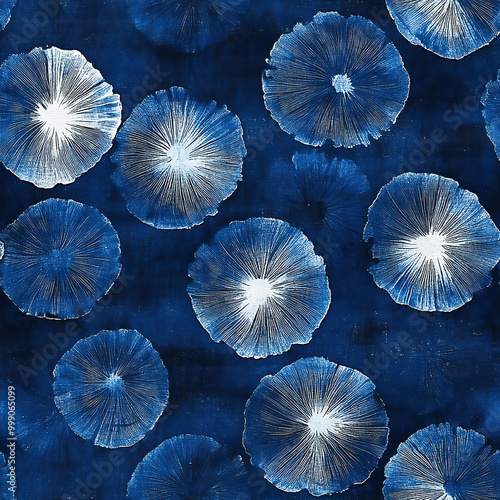 Seamless traditional Japanese abstract shibori pattern in indigo blue and white, celebrating the beauty of imperfection.