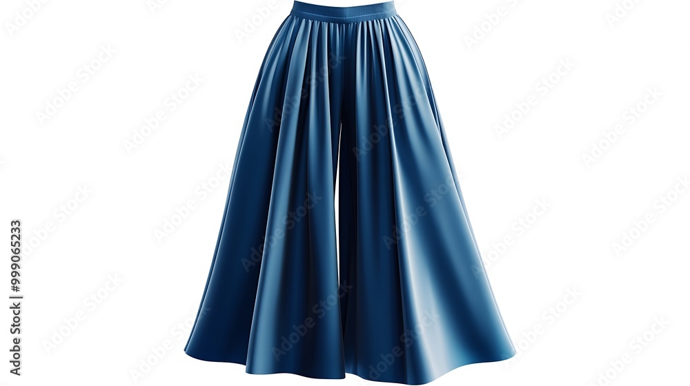A pair of flowing, blue, wide-leg palazzo pants. A pair of flowing, blue, wide-leg palazzo pants.