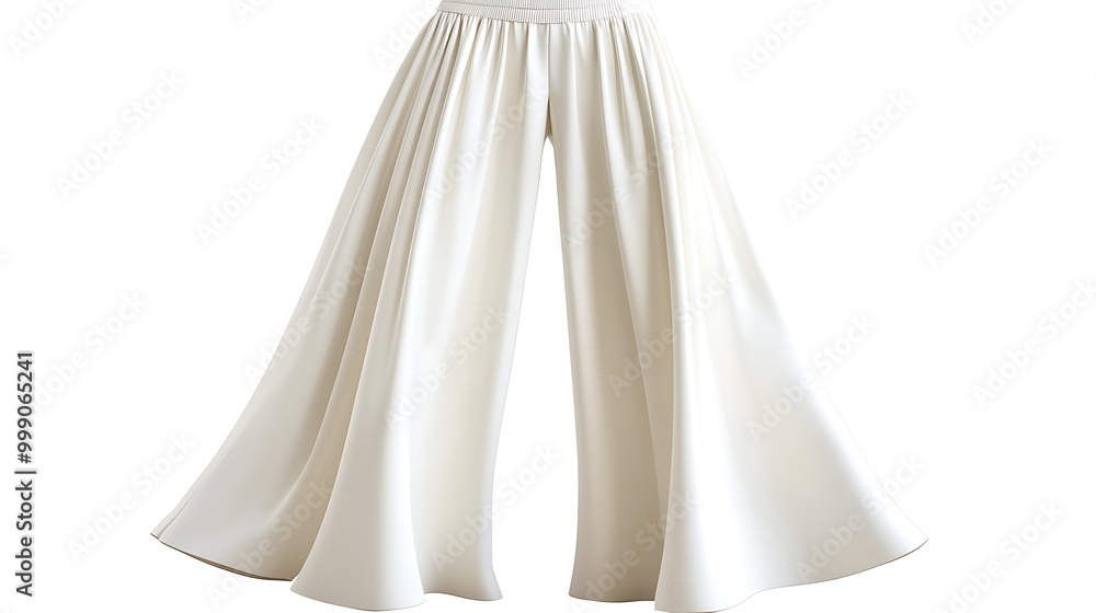 White wide leg pants with an elastic waistband on a white background. White wide leg pants with an elastic waistband on a white background.